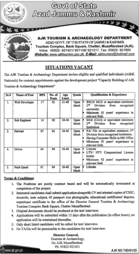 Positions Open at the Department of Tourism and Archaeology at AJK