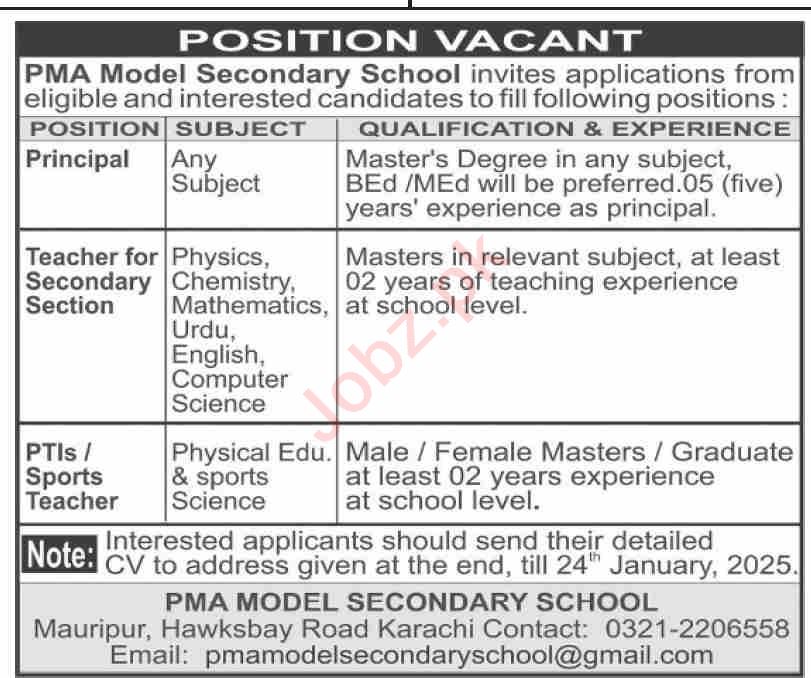 Jobs for Teaching Staff in PMA Model Secondary Schools in 2025