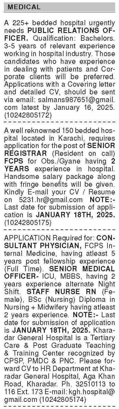 Medical Staff Classified Ads for Dawn Sunday, January 12, 2025