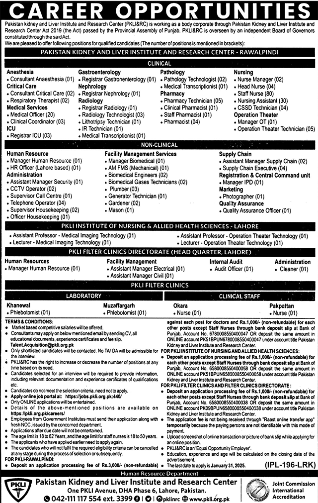 PKLI Jobs at the Pakistan Kidney & Liver Institute & Research Center 2025