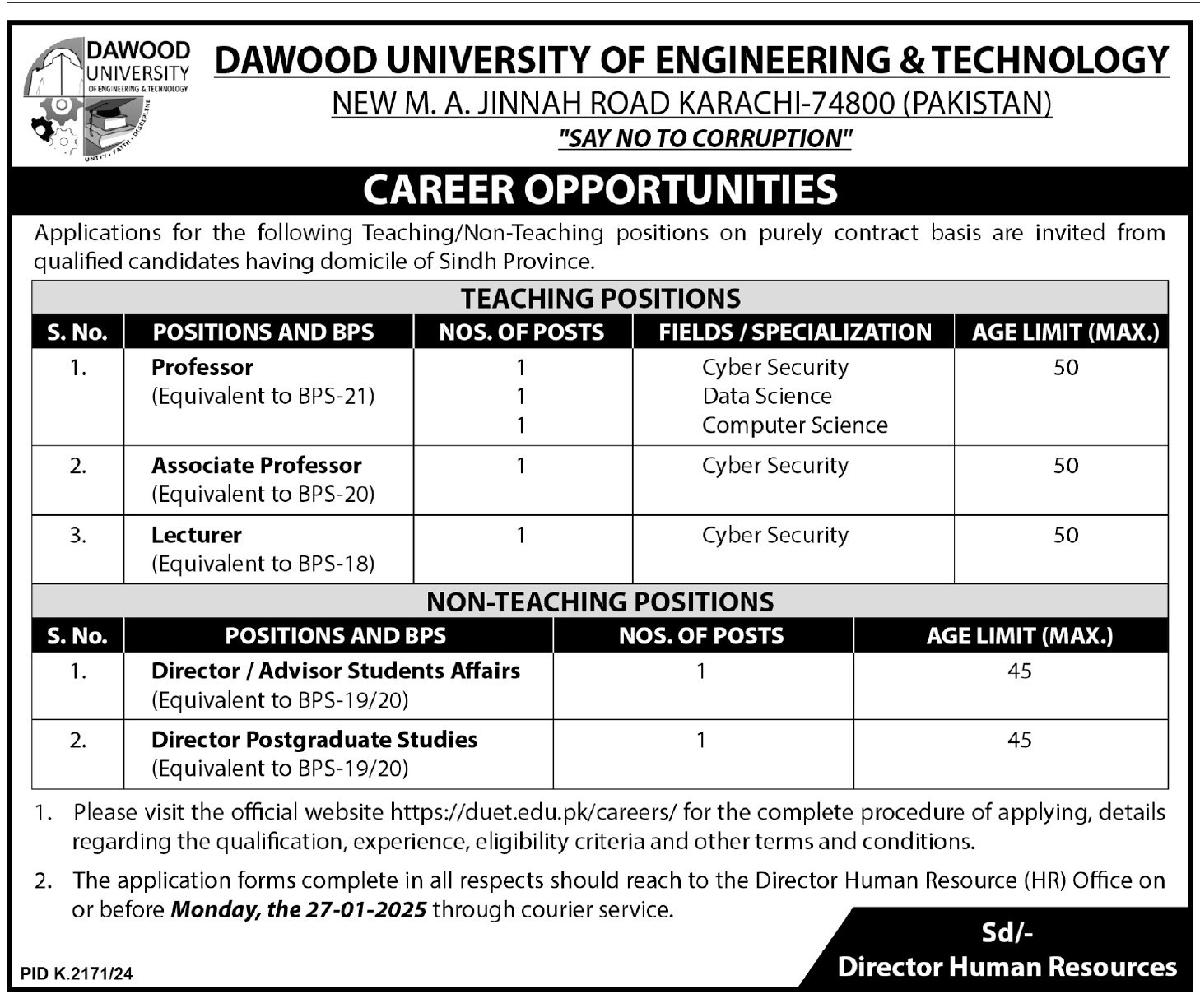 Jobs at Dawood University of Engineering & Technology