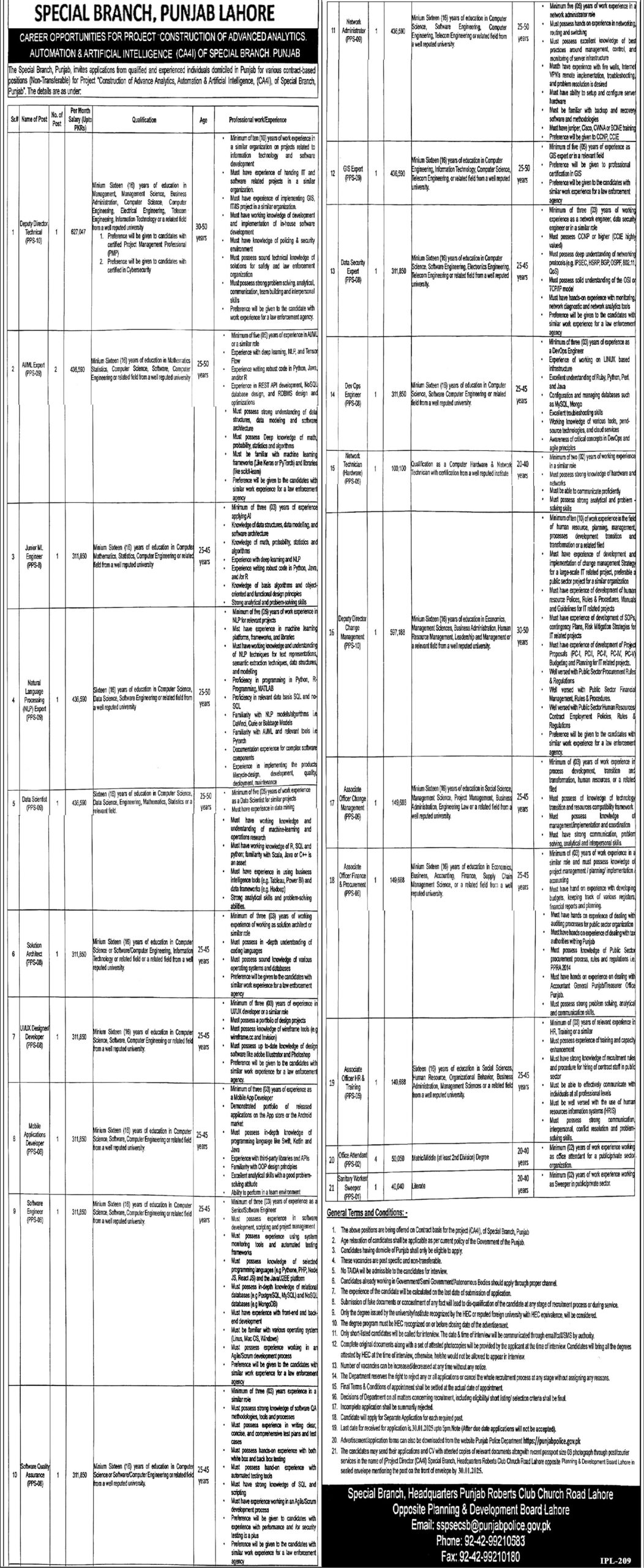 Jobs at Punjab Police Lahore Special Branch 2025