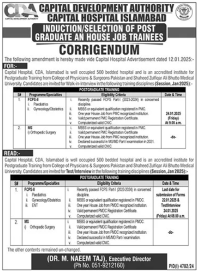 Job Trainee 2025 at Capital Hospital CDA Islamabad House