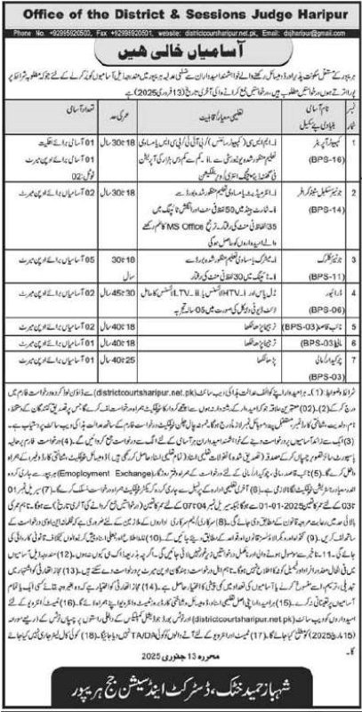 Haripur Jobs for District & Session Judge Office 2025