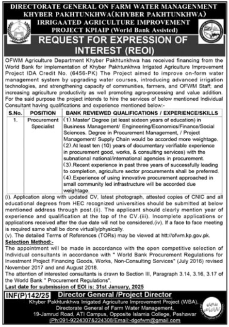 Employment at the Directorate General of Farm Water Management in Peshawar