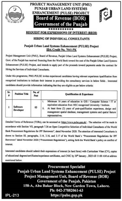 Project Management Unit Position 2025 in PMU Lahore