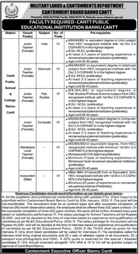 Employment in the Military Lands and Cantonment Department of Bannu Cantt