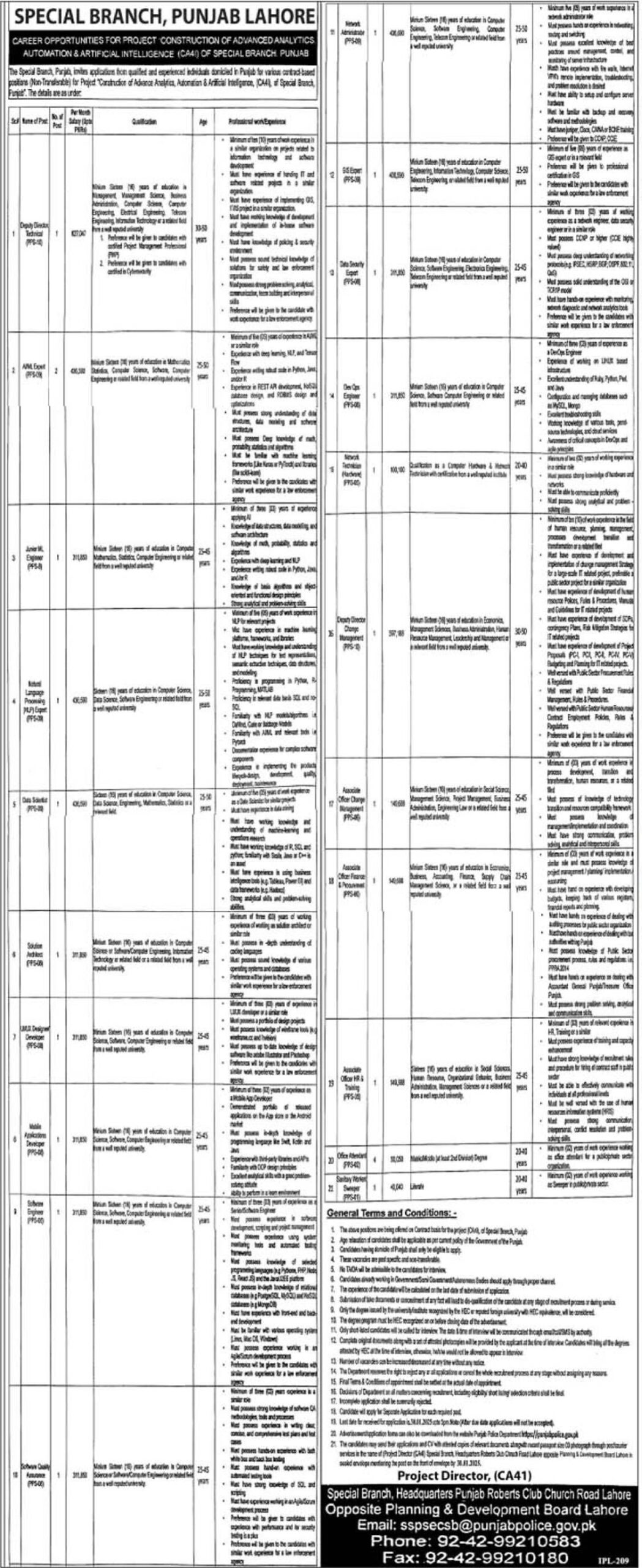 Jobs Notice 2025 for Special Branch Punjab Police Lahore