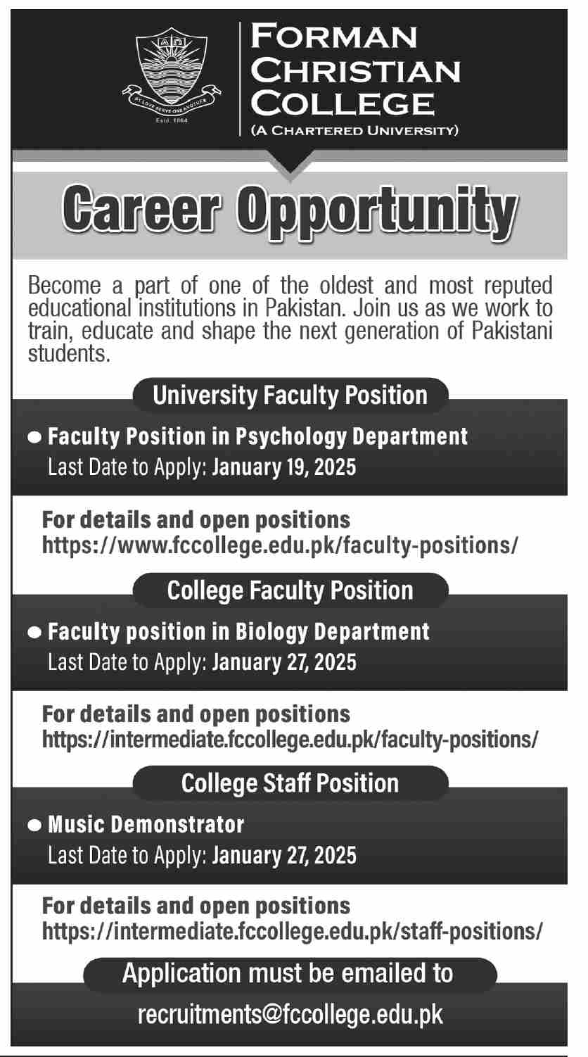 Jobs for Forman Christian College in Karachi in 2025