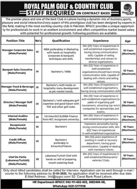 Lahore Jobs at Royal Palm Golf & Country Club 2025