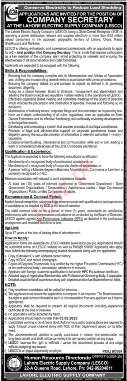 Electric Supply Company of Lahore (LESCO) Jobs in Karachi in 2025