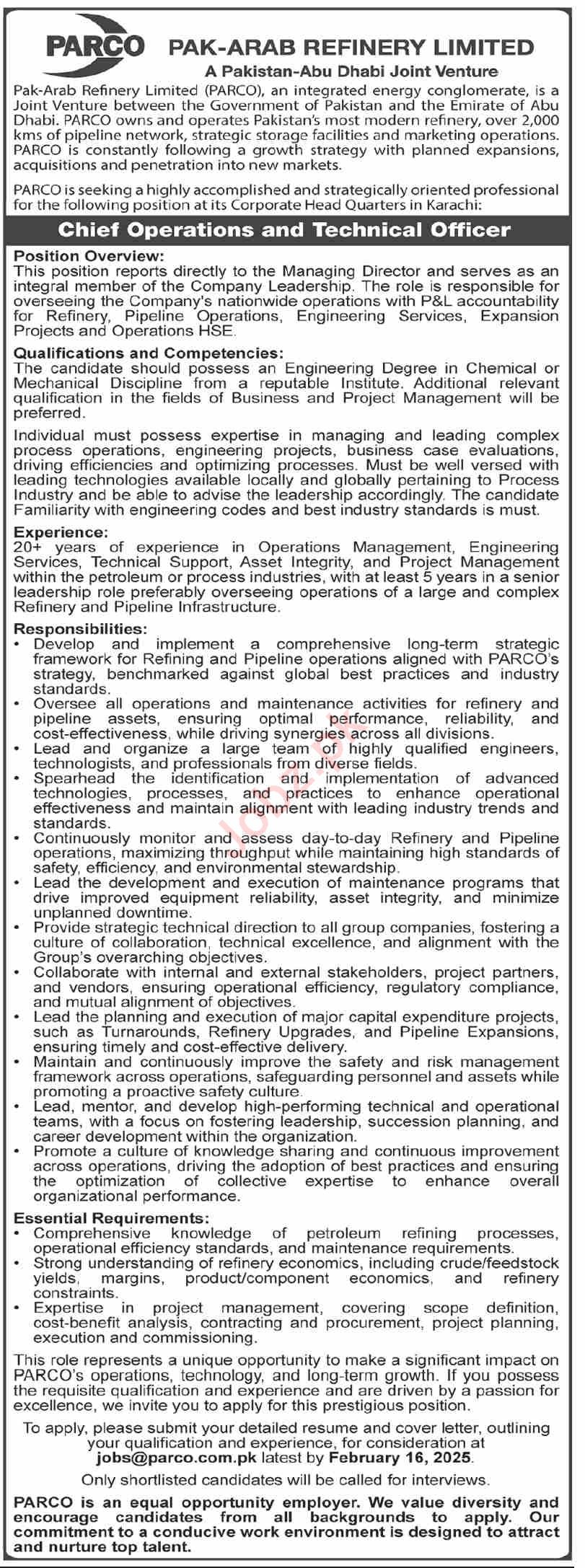 Employment Opening at Pakistan Arab Refinery Limited PARCO