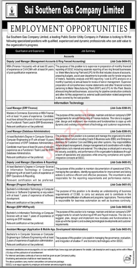 Employment in Sui Southern Gas Company Limited (SSGC) Karachi 2025