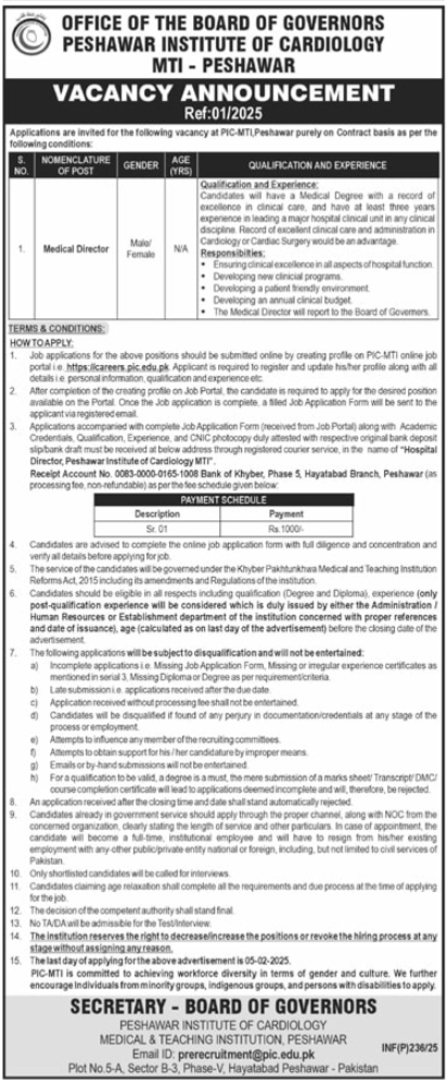 Jobs at Peshawar Institute of Cardiology PIC MTI Peshawar 2025