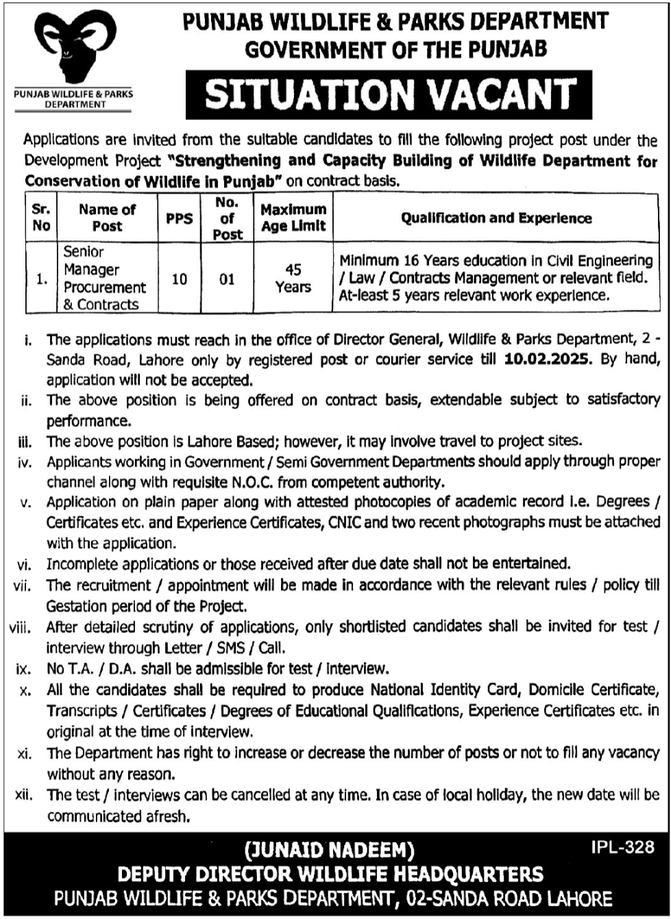 Jobs 2025 in the Punjab Wildlife & Parks Department in Lahore