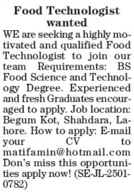 Jobs for Food Technologists in Begum Kot Shahdara, Lahore, 2025