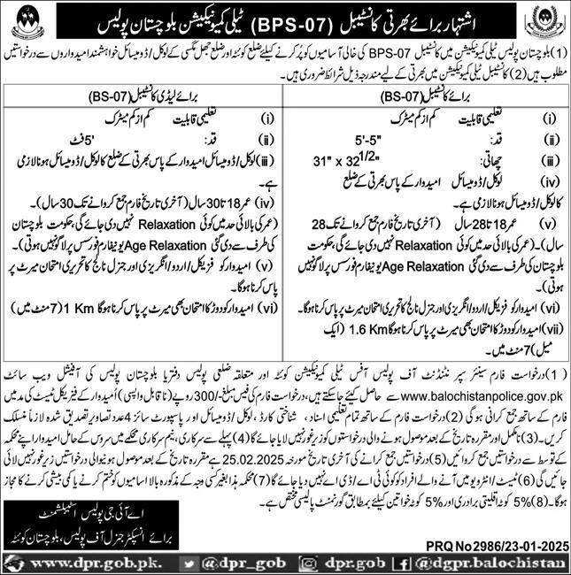 Jobs in Telecommunication for the Balochistan Police, 2025