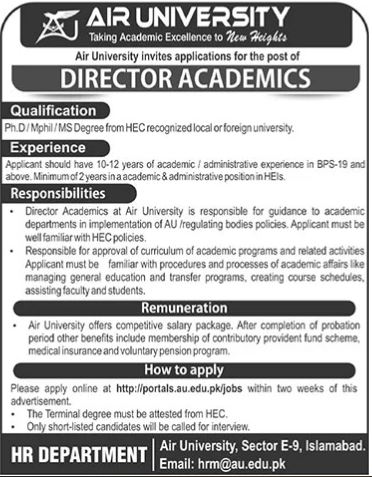 Jobs for Academic Directors at Air University AU Islamabad in 2025