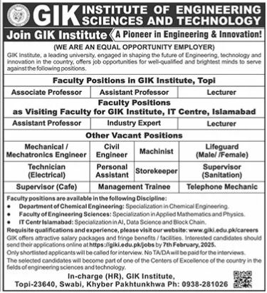 Jobs at GIK Institute of Engineering, Sciences, and Technology for 2025