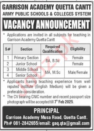 Jobs for Quetta Cantt Teachers at Garrison Academy in 2025