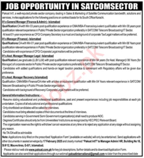 Jobs at Paksat IntL Private Limited in Karachi, 2025