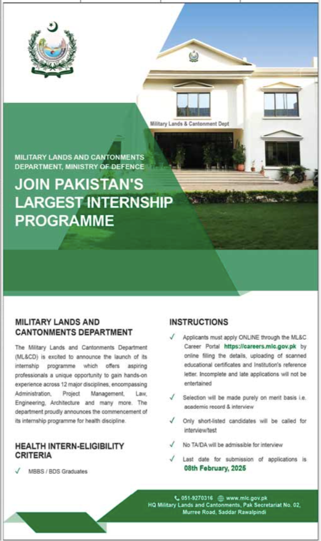 Department of Military Lands and Cantonment Internship 2025