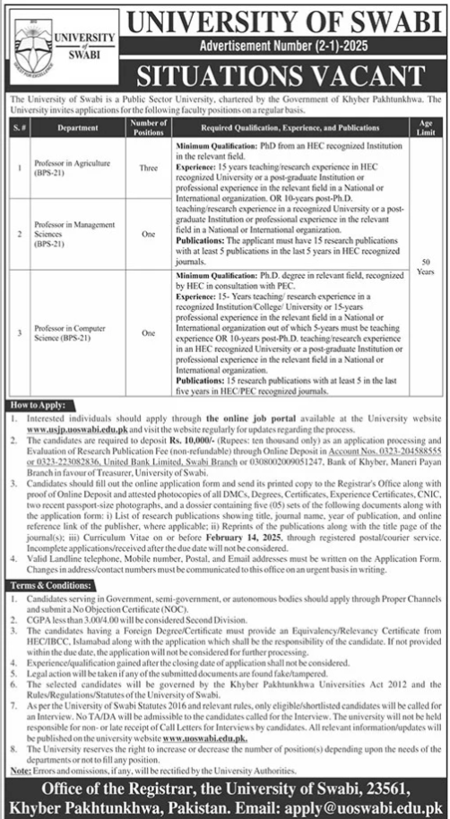 Jobs for Professors at the University of Swabi in 2025