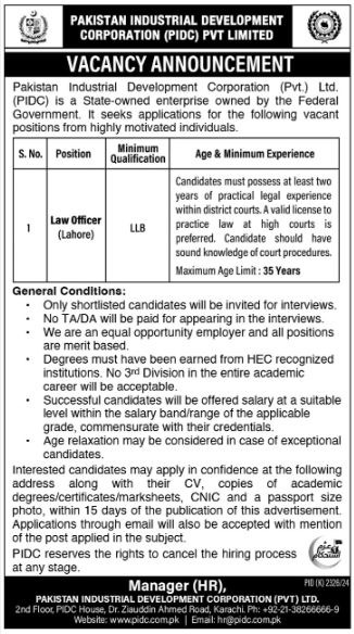 Jobs for Law Officers in PIDC Lahore in 2025