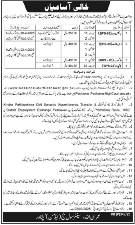 Jobs in the Senior Civil Judge Office in Peshawar, 2025