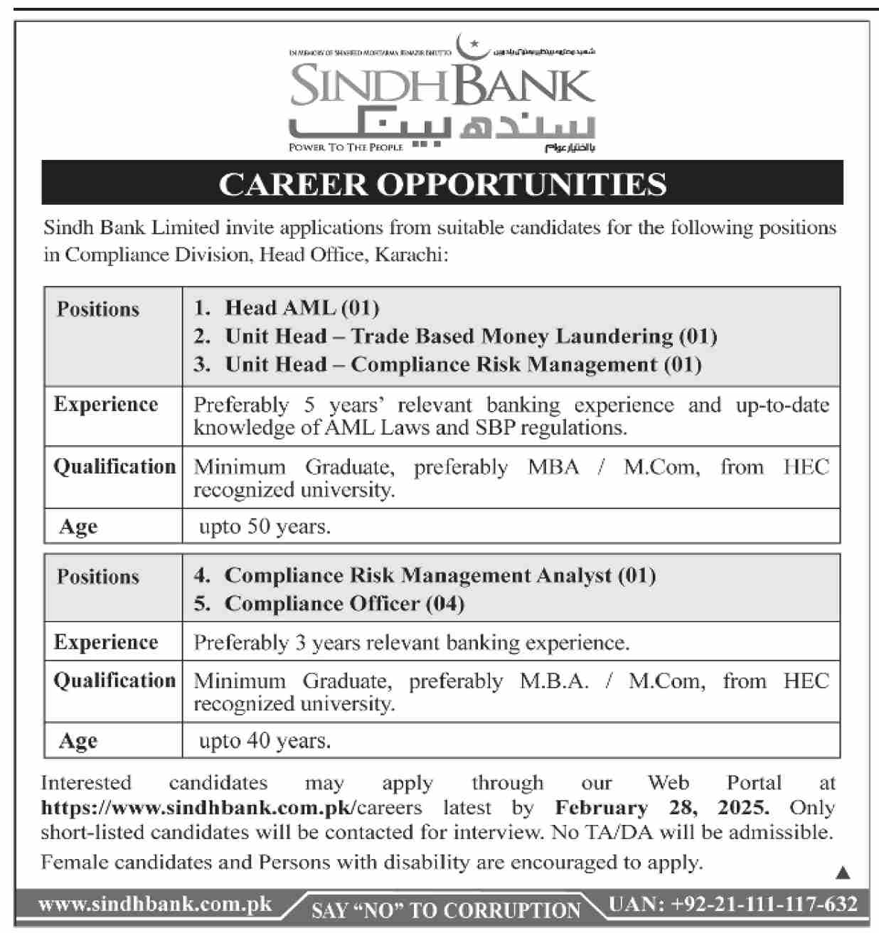 Jobs at Sindh Bank Limited for Head AML in 2025