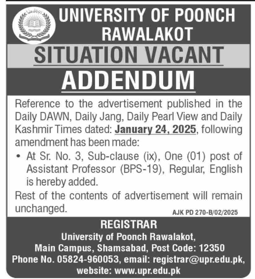 Jobs at the University of Poonch Rawalakot UPR 2025