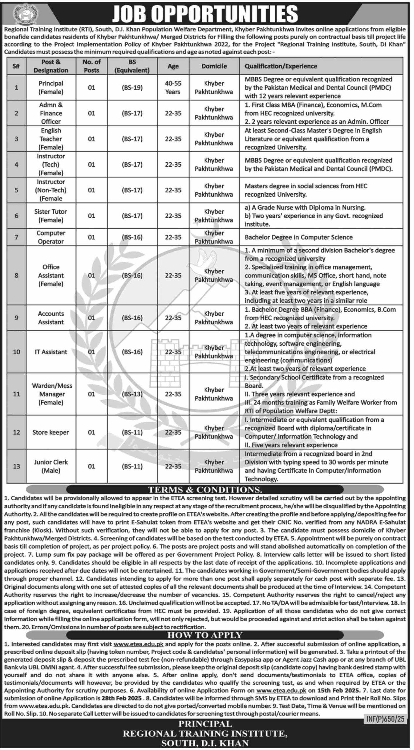 Jobs 2025 at Regional Training Institute RTI Dera Ismail Khan