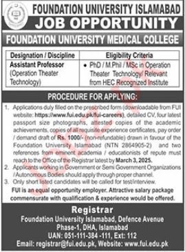 An assistant professor position at Islamabad's Foundation University