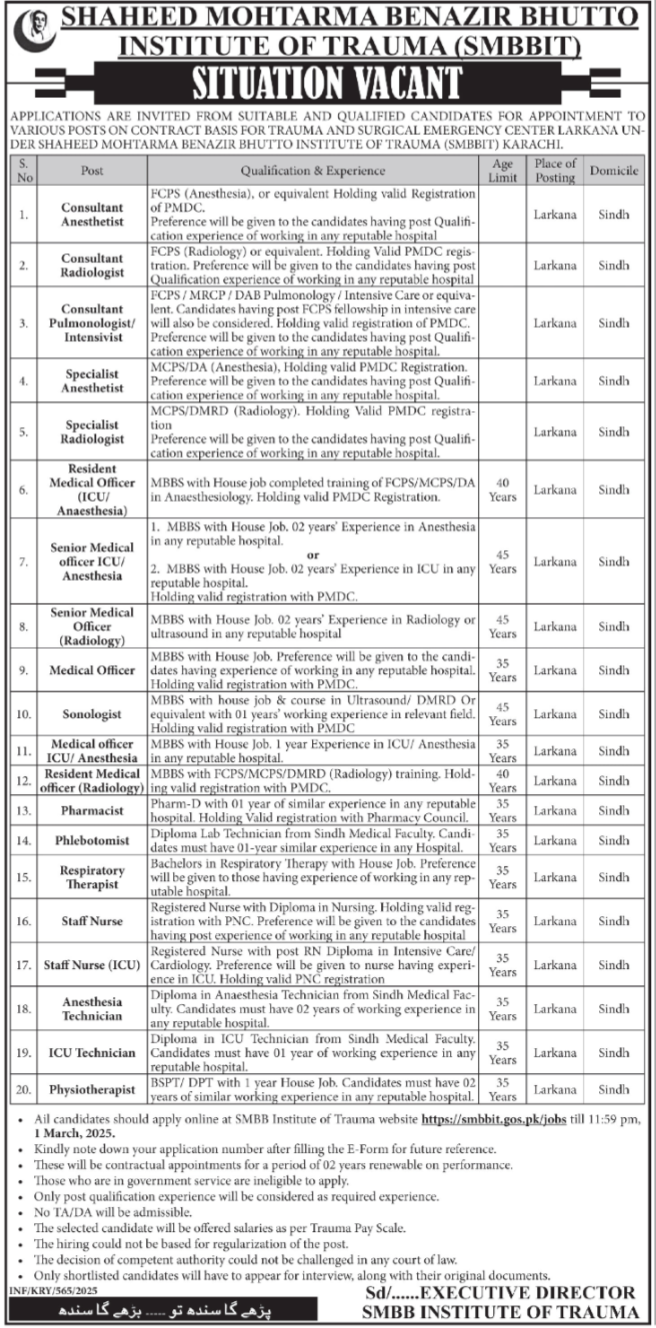 Institute of Trauma Jobs Shaheed Mohtarma Benazir Bhutto