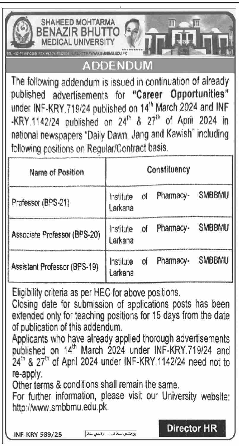 Jobs for Professors at SMBB Medical University Larkana in 2025