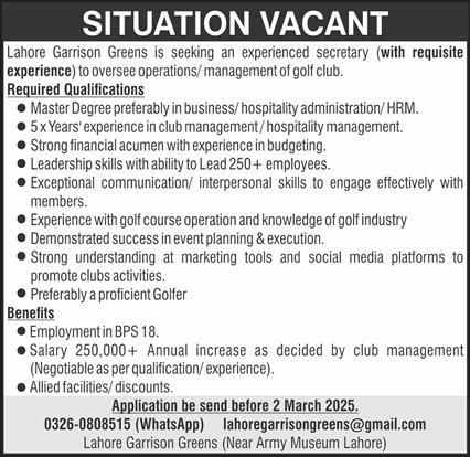 Jobs for Secretary at Lahore Garrison Greens in 2025