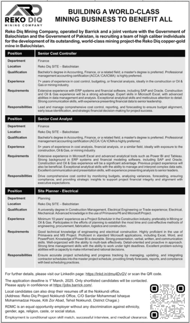 Senior Cost Controller Positions at Reko Diq Mining Company RDMC