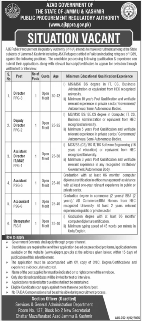Jobs at the Public Procurement Regulatory Authority (AJKPPRA) in 2025