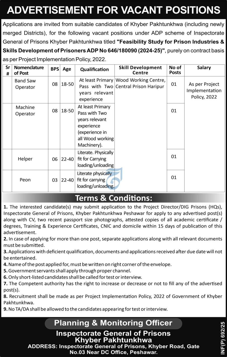 Jobs at Khyber Pakhtunkhwa's Inspectorate General of Prisons for 2025