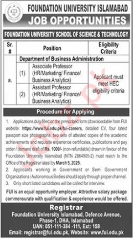 Teaching Positions at Islamabad's Foundation University