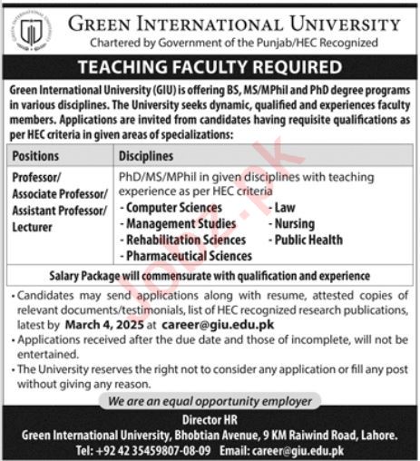 Jobs at The Green International University in Lahore for 2025