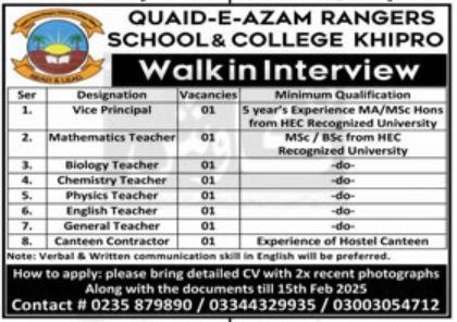 Jobs at Khipro's Quaid E Azam Rangers School & College for 2025