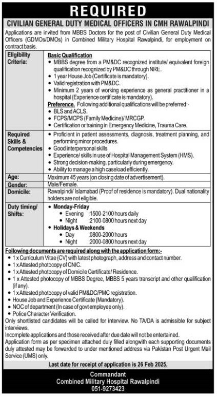 Employment Opportunities for Civilian General Duty Medical Officers at CMH Rawalpindi