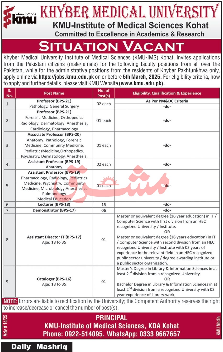 Jobs at Kohat's KMU IMS Institute of Medical Sciences for 2025