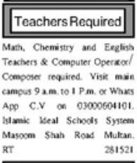 Jobs for Teachers in the Islamic Ideal School System in Multan, 2025