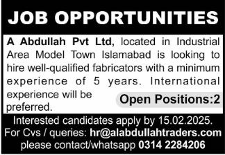 Jobs for Fabricators at A Abdullah Private Limited in 2025