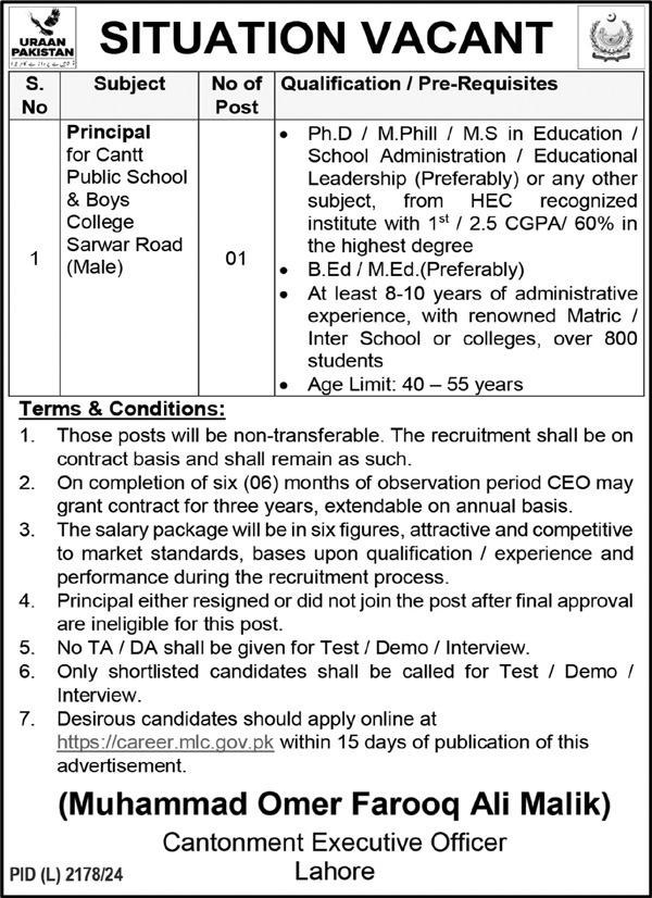 Jobs in 2025 at Cantt Public School & College Sarwar Road, Lahore