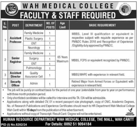 Jobs at Wah Medical College for Assistant Professors in 2025