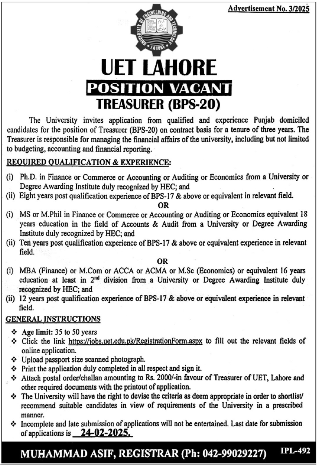 Jobs at the University of Engineering & Technology (UET) in Lahore for 2025