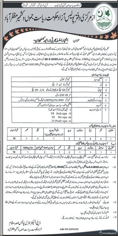 Driver Constable Positions in the Azad Jammu & Kashmir Police Department, 2025